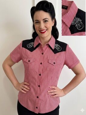 Steady Retro Vibe Western Rockabilly Guitar Short Sleeve Music Country Embroider